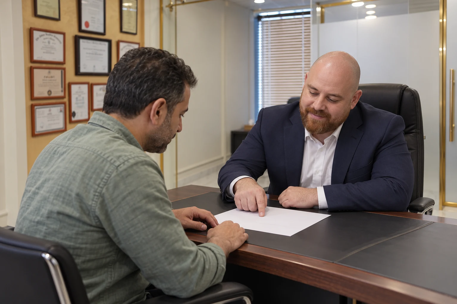 Illustrative scene of Dr. Anas Abdullah discussing a plan with a man seated across his desk in an Amman clinic setting.