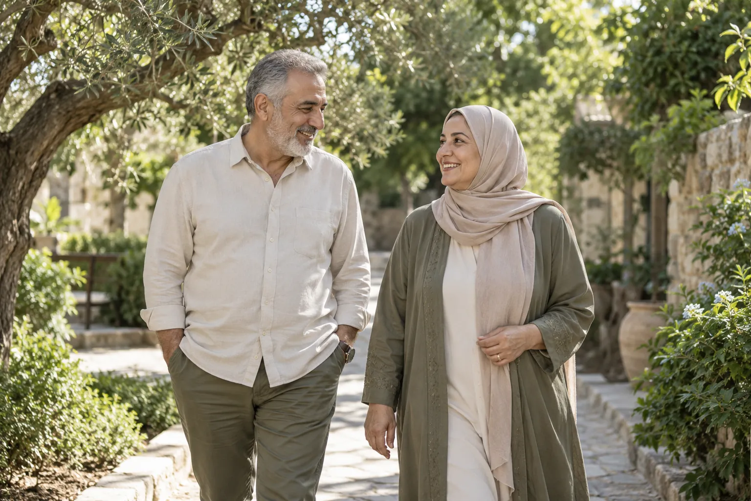 A mature couple on a gentle garden walk; AI-generated scene, not a real patient