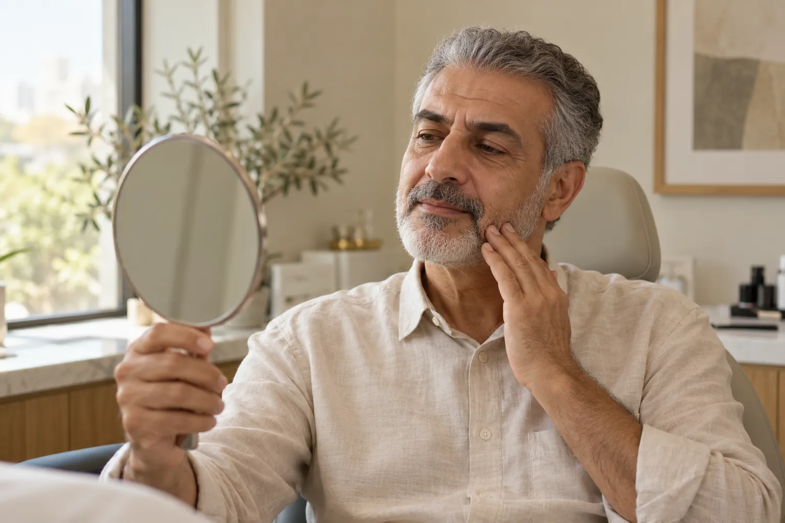 A mature man discussing his facial concerns with a mirror; AI-generated scene, not a real patient