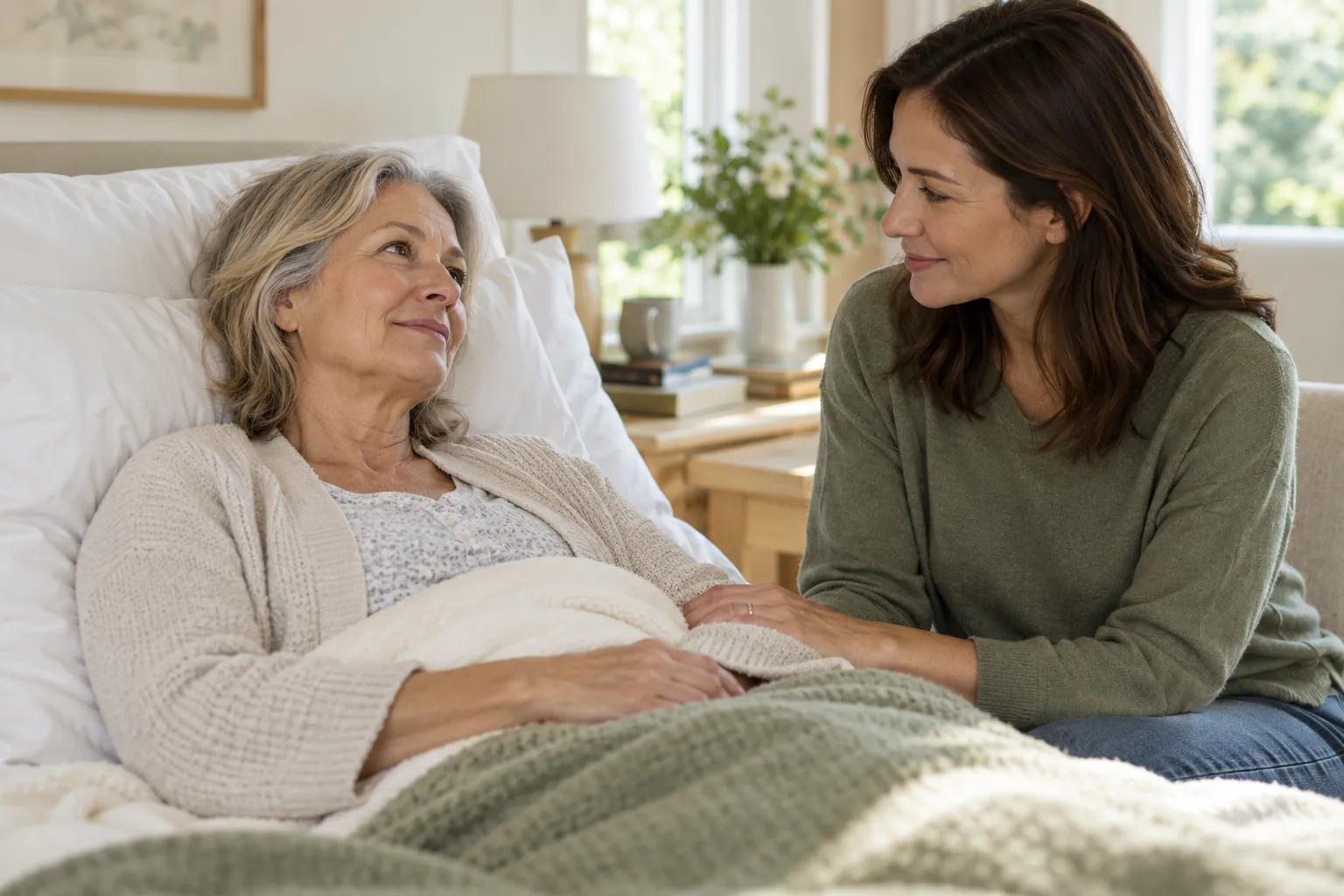 A mature woman resting with support from an adult relative; AI-generated scene, not a real patient