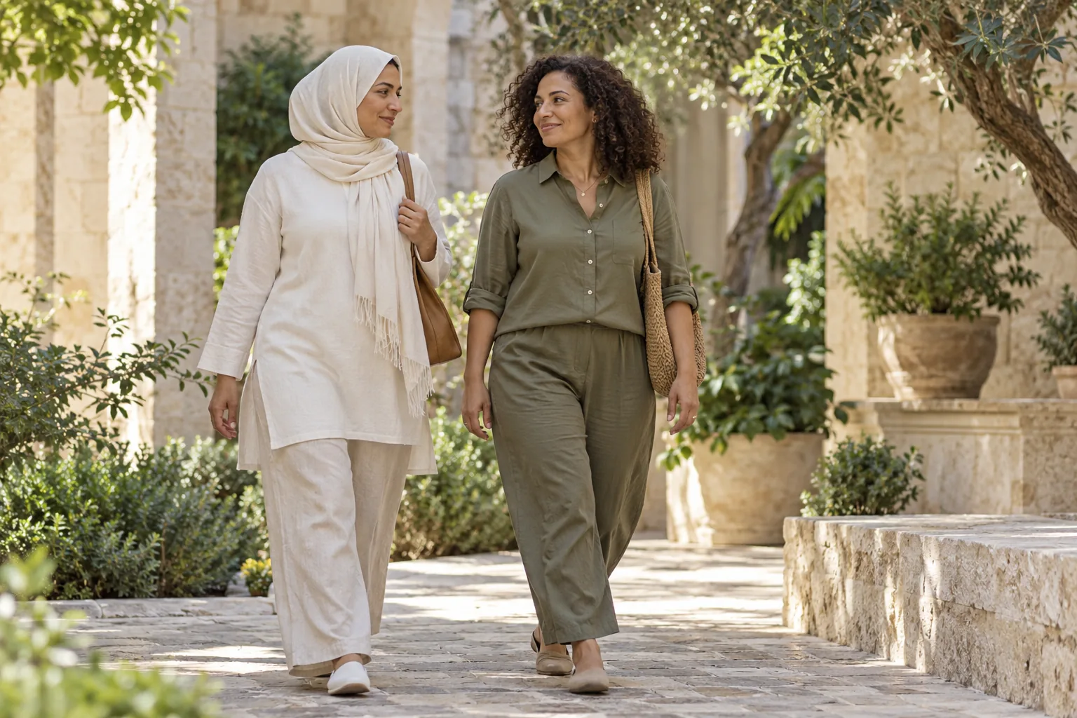 Illustrative adults walking gently along a shaded courtyard path