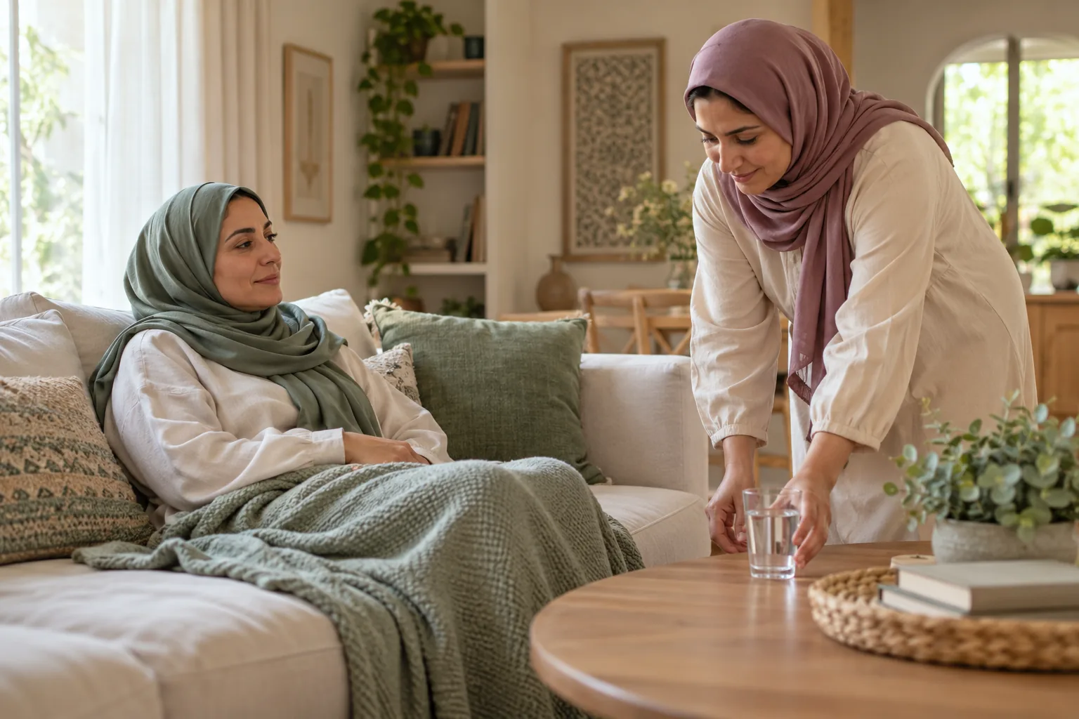 Illustrative adult woman resting at home while another adult offers practical support